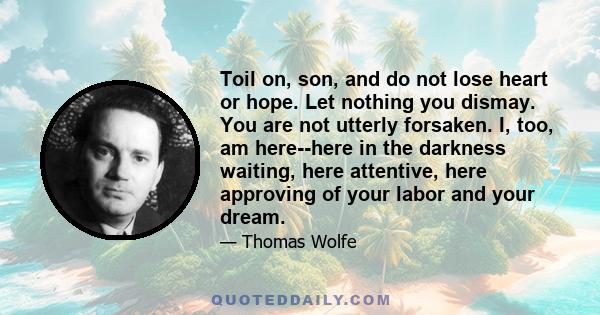 Toil on, son, and do not lose heart or hope. Let nothing you dismay. You are not utterly forsaken. I, too, am here--here in the darkness waiting, here attentive, here approving of your labor and your dream.