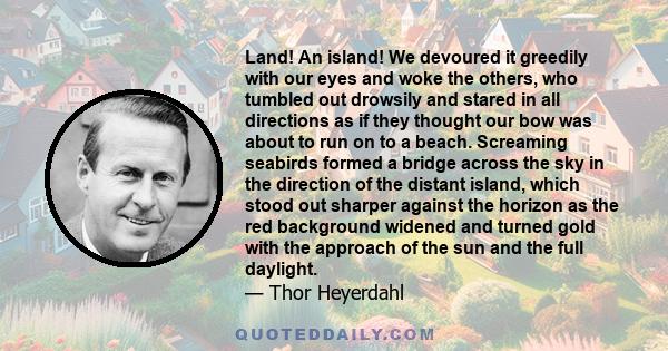 Land! An island! We devoured it greedily with our eyes and woke the others, who tumbled out drowsily and stared in all directions as if they thought our bow was about to run on to a beach. Screaming seabirds formed a