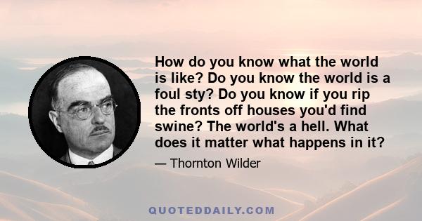 How do you know what the world is like? Do you know the world is a foul sty? Do you know if you rip the fronts off houses you'd find swine? The world's a hell. What does it matter what happens in it?