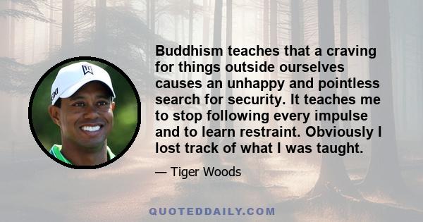 Buddhism teaches that a craving for things outside ourselves causes an unhappy and pointless search for security. It teaches me to stop following every impulse and to learn restraint. Obviously I lost track of what I