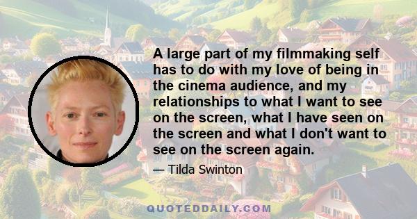 A large part of my filmmaking self has to do with my love of being in the cinema audience, and my relationships to what I want to see on the screen, what I have seen on the screen and what I don't want to see on the