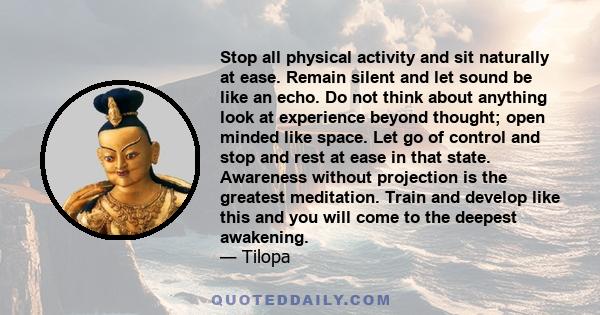 Stop all physical activity and sit naturally at ease. Remain silent and let sound be like an echo. Do not think about anything look at experience beyond thought; open minded like space. Let go of control and stop and