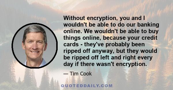 Without encryption, you and I wouldn't be able to do our banking online. We wouldn't be able to buy things online, because your credit cards - they've probably been ripped off anyway, but they would be ripped off left