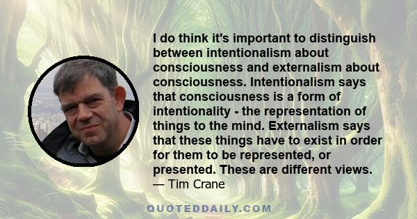 I do think it's important to distinguish between intentionalism about consciousness and externalism about consciousness. Intentionalism says that consciousness is a form of intentionality - the representation of things