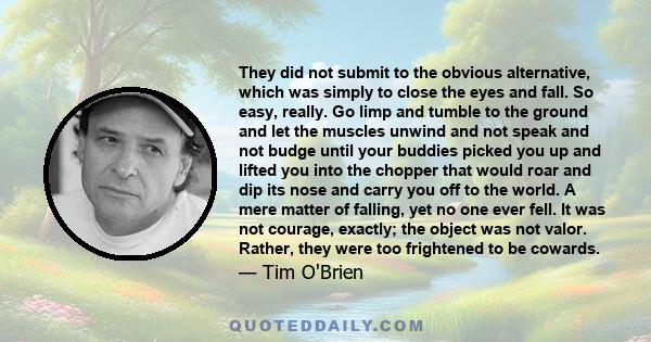 They did not submit to the obvious alternative, which was simply to close the eyes and fall. So easy, really. Go limp and tumble to the ground and let the muscles unwind and not speak and not budge until your buddies