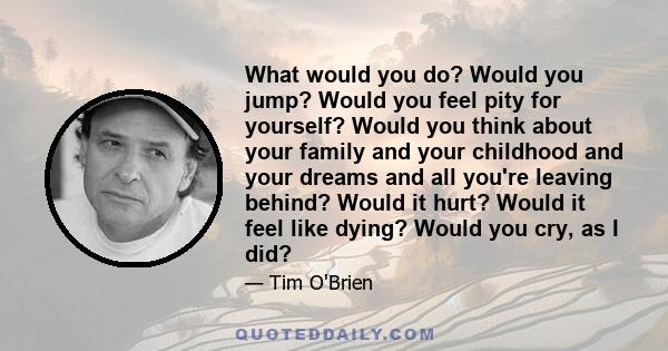 What would you do? Would you jump? Would you feel pity for yourself? Would you think about your family and your childhood and your dreams and all you're leaving behind? Would it hurt? Would it feel like dying? Would you 