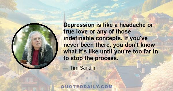 Depression is like a headache or true love or any of those indefinable concepts. If you've never been there, you don't know what it's like until you're too far in to stop the process.