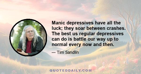 Manic depressives have all the luck; they soar between crashes. The best us regular depressives can do is battle our way up to normal every now and then.