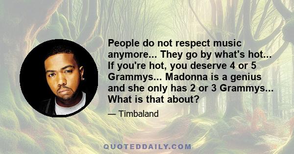 People do not respect music anymore... They go by what's hot... If you're hot, you deserve 4 or 5 Grammys... Madonna is a genius and she only has 2 or 3 Grammys... What is that about?