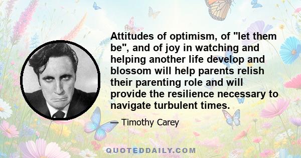 Attitudes of optimism, of let them be, and of joy in watching and helping another life develop and blossom will help parents relish their parenting role and will provide the resilience necessary to navigate turbulent