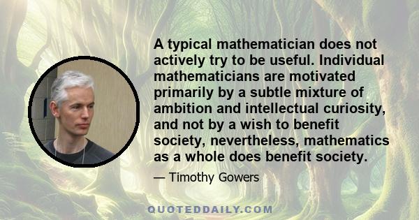 A typical mathematician does not actively try to be useful. Individual mathematicians are motivated primarily by a subtle mixture of ambition and intellectual curiosity, and not by a wish to benefit society,