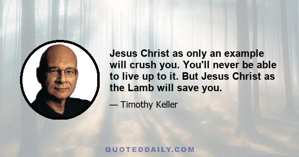 Jesus Christ as only an example will crush you. You'll never be able to live up to it. But Jesus Christ as the Lamb will save you.