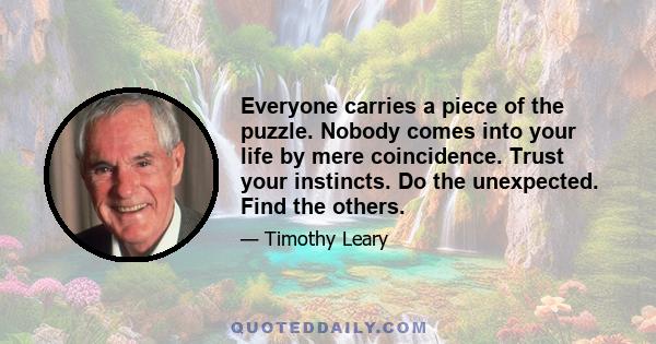 Everyone carries a piece of the puzzle. Nobody comes into your life by mere coincidence. Trust your instincts. Do the unexpected. Find the others.