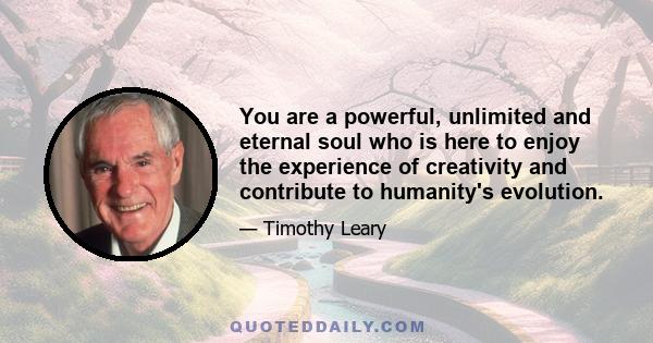 You are a powerful, unlimited and eternal soul who is here to enjoy the experience of creativity and contribute to humanity's evolution.