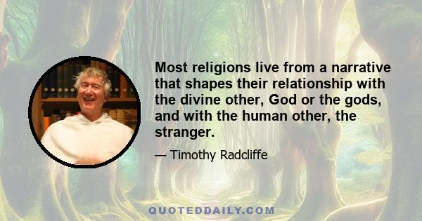 Most religions live from a narrative that shapes their relationship with the divine other, God or the gods, and with the human other, the stranger.