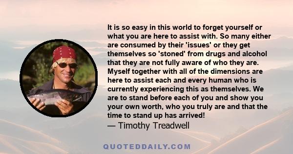 It is so easy in this world to forget yourself or what you are here to assist with. So many either are consumed by their 'issues' or they get themselves so 'stoned' from drugs and alcohol that they are not fully aware