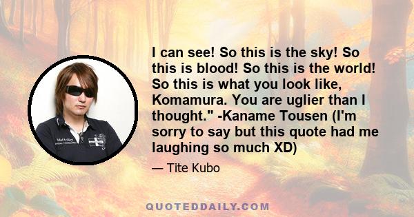 I can see! So this is the sky! So this is blood! So this is the world! So this is what you look like, Komamura. You are uglier than I thought. -Kaname Tousen (I'm sorry to say but this quote had me laughing so much XD)