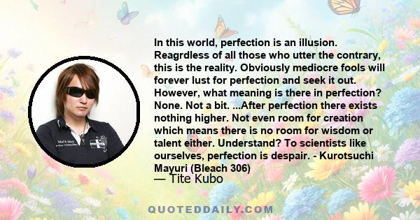 In this world, perfection is an illusion. Reagrdless of all those who utter the contrary, this is the reality. Obviously mediocre fools will forever lust for perfection and seek it out. However, what meaning is there in 