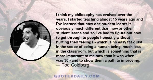 I think my philosophy has evolved over the years. I started teaching almost 15 years ago and I've learned that how one student learns is obviously much different than how another student learns and so I've had to figure 