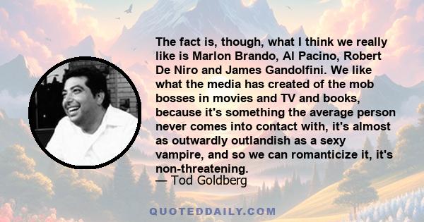 The fact is, though, what I think we really like is Marlon Brando, Al Pacino, Robert De Niro and James Gandolfini. We like what the media has created of the mob bosses in movies and TV and books, because it's something