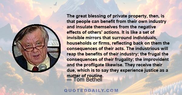 The great blessing of private property, then, is that people can benefit from their own industry and insulate themselves from the negative effects of others' actions. It is like a set of invisible mirrors that surround