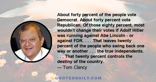 About forty percent of the people vote Democrat. About forty percent vote Republican. Of those eighty percent, most wouldn't change their votes if Adolf Hitler was running against Abe Lincoln - or against FDR. . . .