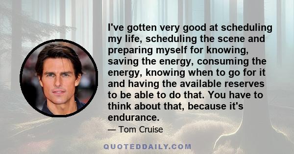 I've gotten very good at scheduling my life, scheduling the scene and preparing myself for knowing, saving the energy, consuming the energy, knowing when to go for it and having the available reserves to be able to do