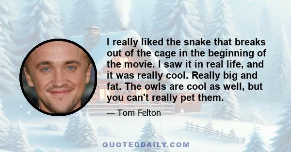 I really liked the snake that breaks out of the cage in the beginning of the movie. I saw it in real life, and it was really cool. Really big and fat. The owls are cool as well, but you can't really pet them.