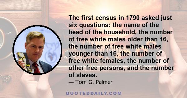 The first census in 1790 asked just six questions: the name of the head of the household, the number of free white males older than 16, the number of free white males younger than 16, the number of free white females,