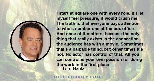 I start at square one with every role. If I let myself feel pressure, it would crush me. The truth is that everyone pays attention to who's number one at the box office. And none of it matters, because the only thing