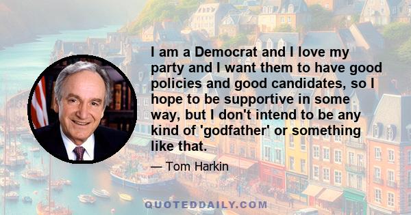 I am a Democrat and I love my party and I want them to have good policies and good candidates, so I hope to be supportive in some way, but I don't intend to be any kind of 'godfather' or something like that.