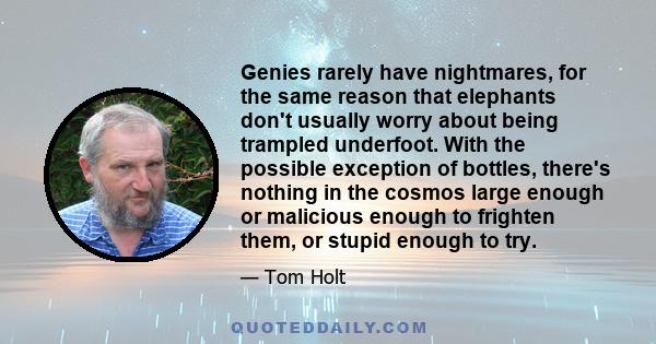 Genies rarely have nightmares, for the same reason that elephants don't usually worry about being trampled underfoot. With the possible exception of bottles, there's nothing in the cosmos large enough or malicious