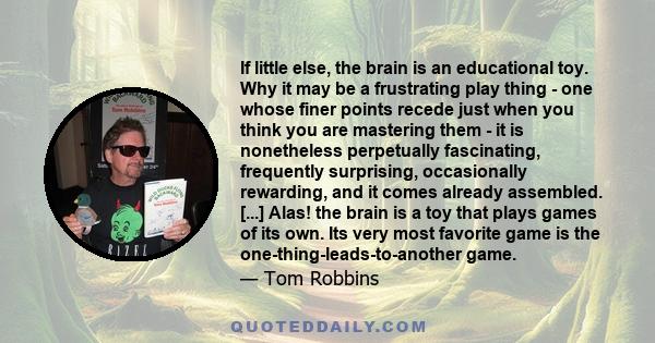 If little else, the brain is an educational toy. Why it may be a frustrating play thing - one whose finer points recede just when you think you are mastering them - it is nonetheless perpetually fascinating, frequently