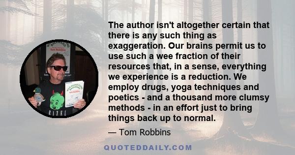 The author isn't altogether certain that there is any such thing as exaggeration. Our brains permit us to use such a wee fraction of their resources that, in a sense, everything we experience is a reduction. We employ