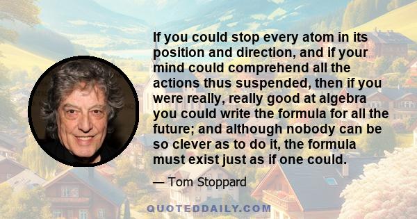 If you could stop every atom in its position and direction, and if your mind could comprehend all the actions thus suspended, then if you were really, really good at algebra you could write the formula for all the