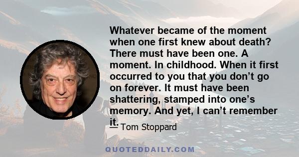 Whatever became of the moment when one first knew about death? There must have been one. A moment. In childhood. When it first occurred to you that you don’t go on forever. It must have been shattering, stamped into