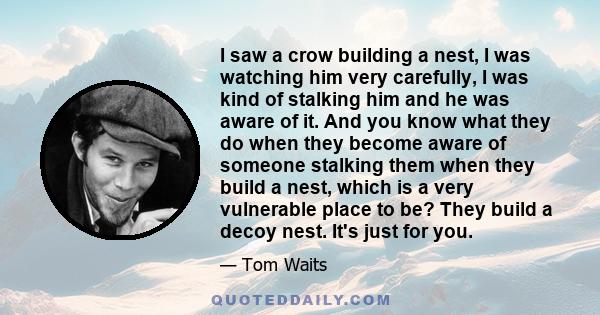 I saw a crow building a nest, I was watching him very carefully, I was kind of stalking him and he was aware of it. And you know what they do when they become aware of someone stalking them when they build a nest, which 