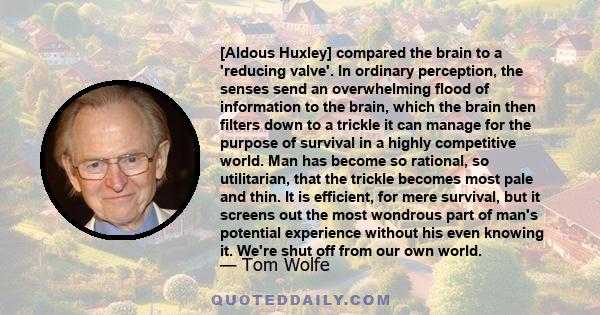 [Aldous Huxley] compared the brain to a 'reducing valve'. In ordinary perception, the senses send an overwhelming flood of information to the brain, which the brain then filters down to a trickle it can manage for the