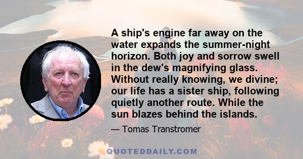 A ship's engine far away on the water expands the summer-night horizon. Both joy and sorrow swell in the dew's magnifying glass. Without really knowing, we divine; our life has a sister ship, following quietly another