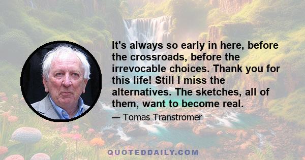 It's always so early in here, before the crossroads, before the irrevocable choices. Thank you for this life! Still I miss the alternatives. The sketches, all of them, want to become real.
