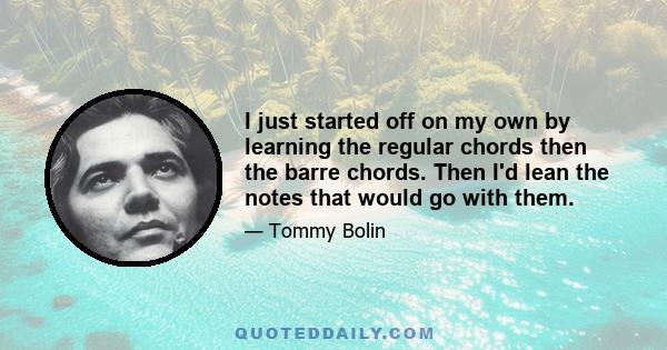 I just started off on my own by learning the regular chords then the barre chords. Then I'd lean the notes that would go with them.