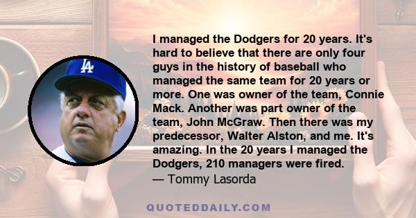 I managed the Dodgers for 20 years. It's hard to believe that there are only four guys in the history of baseball who managed the same team for 20 years or more. One was owner of the team, Connie Mack. Another was part