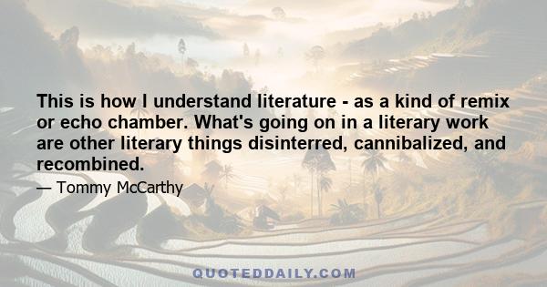 This is how I understand literature - as a kind of remix or echo chamber. What's going on in a literary work are other literary things disinterred, cannibalized, and recombined.