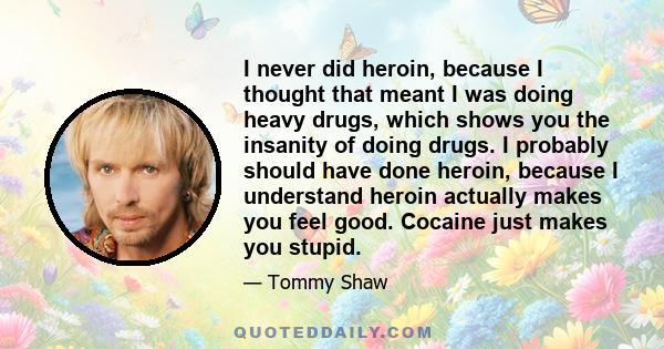 I never did heroin, because I thought that meant I was doing heavy drugs, which shows you the insanity of doing drugs. I probably should have done heroin, because I understand heroin actually makes you feel good.