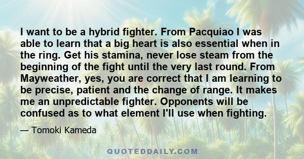 I want to be a hybrid fighter. From Pacquiao I was able to learn that a big heart is also essential when in the ring. Get his stamina, never lose steam from the beginning of the fight until the very last round. From