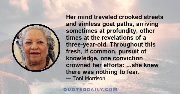 Her mind traveled crooked streets and aimless goat paths, arriving sometimes at profundity, other times at the revelations of a three-year-old. Throughout this fresh, if common, pursuit of knowledge, one conviction