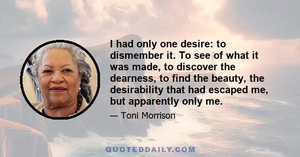 I had only one desire: to dismember it. To see of what it was made, to discover the dearness, to find the beauty, the desirability that had escaped me, but apparently only me.