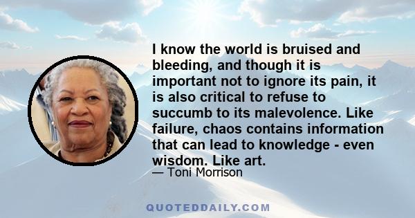 I know the world is bruised and bleeding, and though it is important not to ignore its pain, it is also critical to refuse to succumb to its malevolence. Like failure, chaos contains information that can lead to