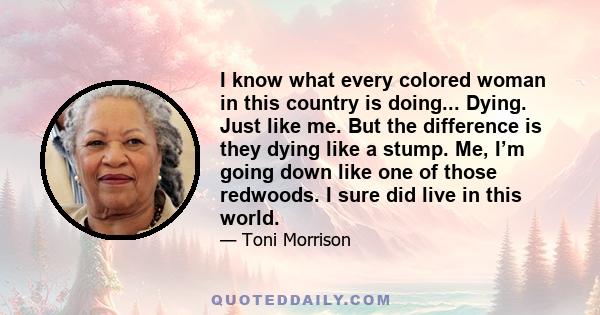 I know what every colored woman in this country is doing... Dying. Just like me. But the difference is they dying like a stump. Me, I’m going down like one of those redwoods. I sure did live in this world.