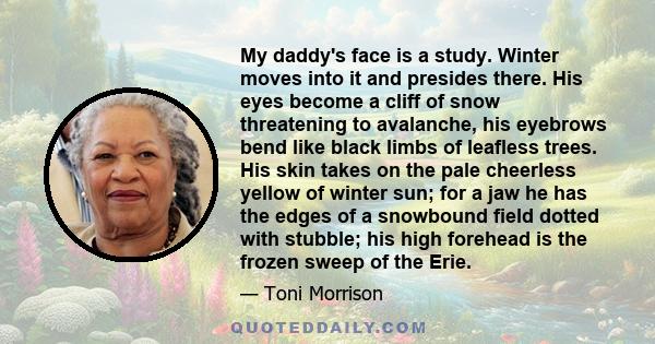 My daddy's face is a study. Winter moves into it and presides there. His eyes become a cliff of snow threatening to avalanche, his eyebrows bend like black limbs of leafless trees. His skin takes on the pale cheerless